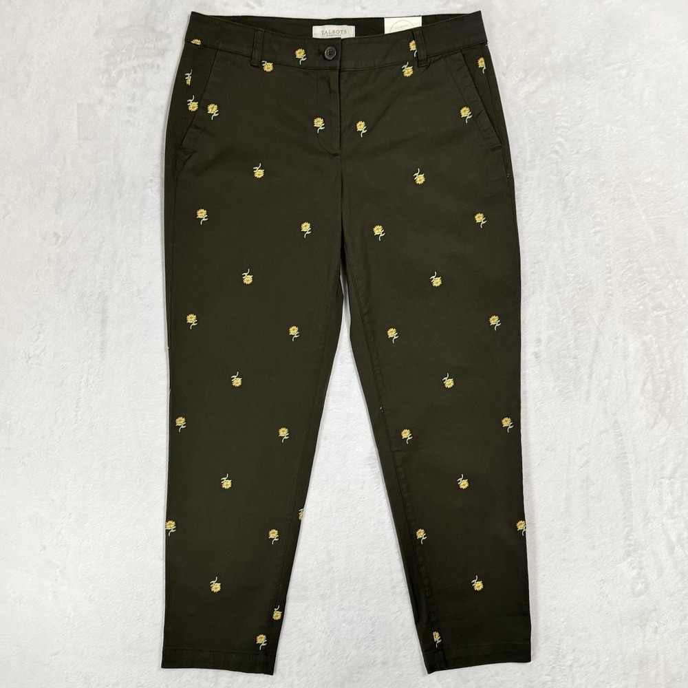 NEW Talbots Weekend Chino Ankle Pants Size 6 P Olive Green Floral Embroidered
